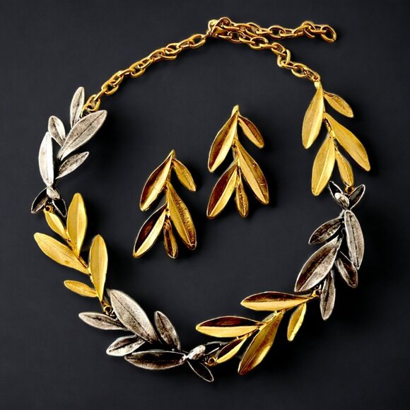 Brand New Gold Plated Olive Leaf Bohemian Necklace and Earrings Jewelry Set - Picture 1 of 3